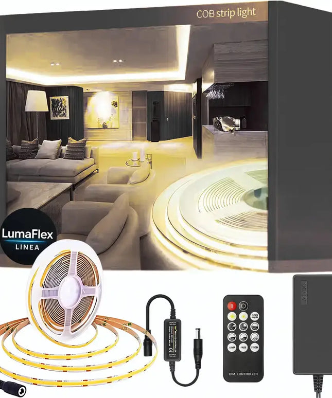 LumaFlex COB strip light kit with packaging, LED strip, remote control, and power adapter on a white background.