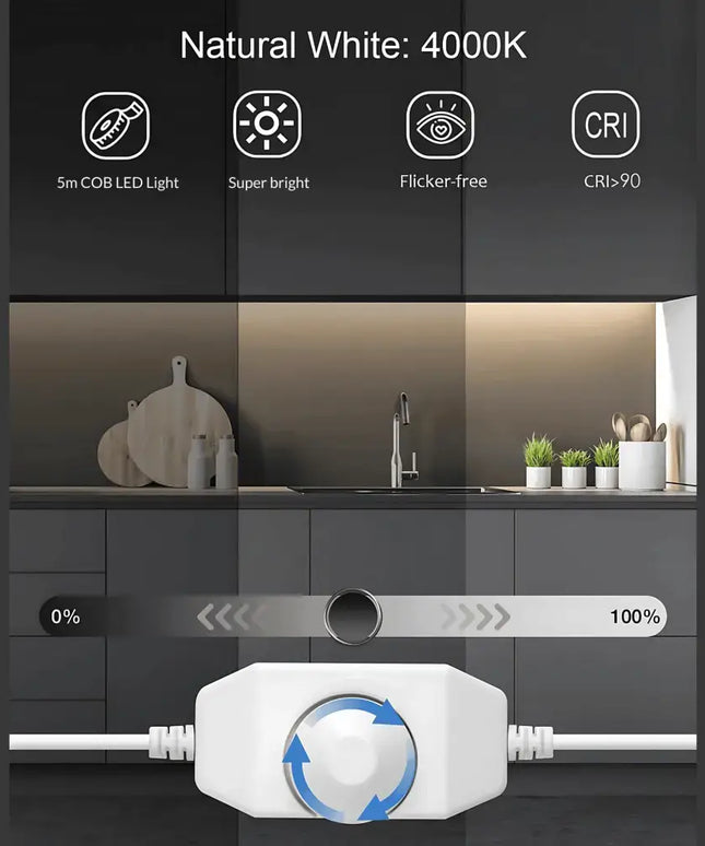 Strippy GlowFlex 5M LED Strip Kit: COB Dotless Dimmable - Cool White 4000K - Home & Garden > Lighting