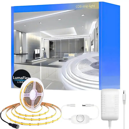 Lumaflex COB strip light packaging with LED strip, adapter, and remote control on a white background.