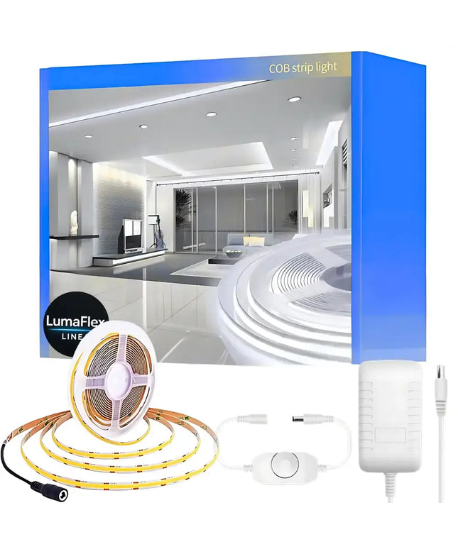 Lumaflex COB strip light packaging with LED strip, adapter, and remote control on a white background.