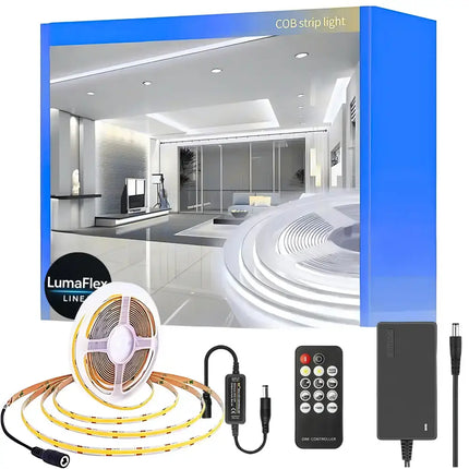 Lumaflex COB strip light set with packaging, LED strip, controller, and power adapter.