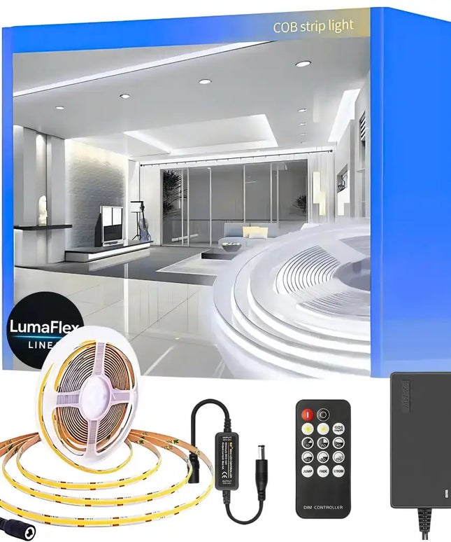 Lumaflex COB strip light set with packaging, LED strip, controller, and power adapter.