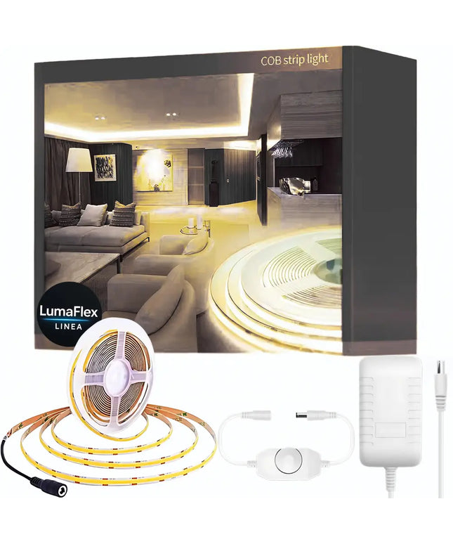 LumaFlex COB strip light kit with packaging, LED strip, power adapter, and remote control.