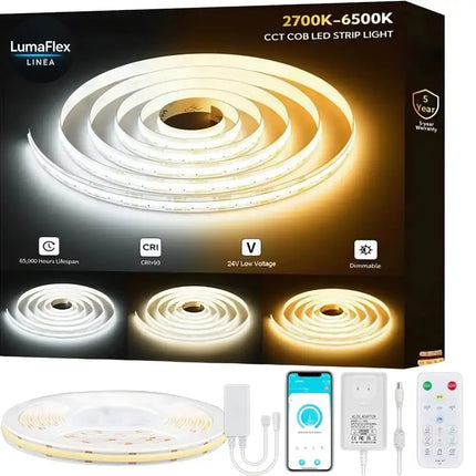 LumaFlex LED strip light packaging with product and accessories on a white background