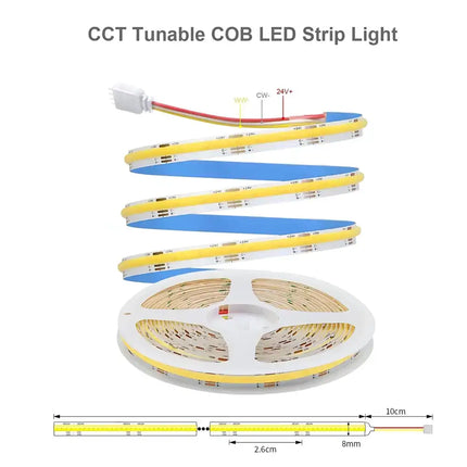 CCT Tunable COB LED Strip Light with wiring diagram on a white background