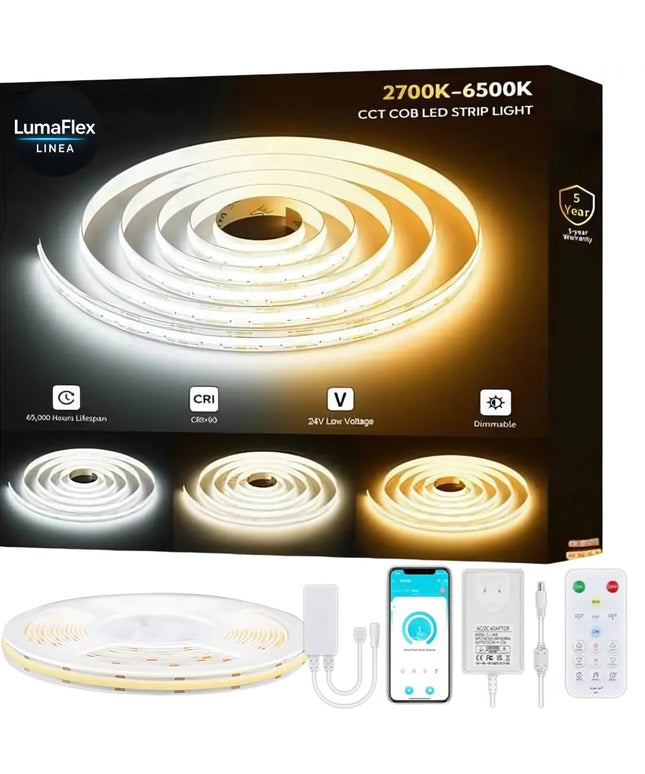 LumaFlex LED strip light packaging with product and accessories on a white background