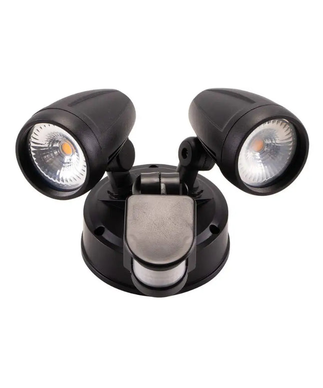 Lummax EXWB826S - 26W LED Single Colour Twin Head Exterior Spotlight With Sensor IP44 - Black / 3000K - OUTDOOR