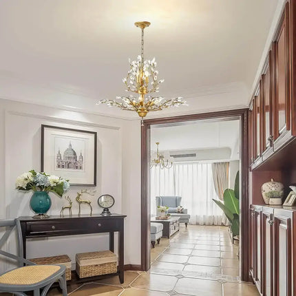 Close-up of K9 glass crystals reflecting chandelier light