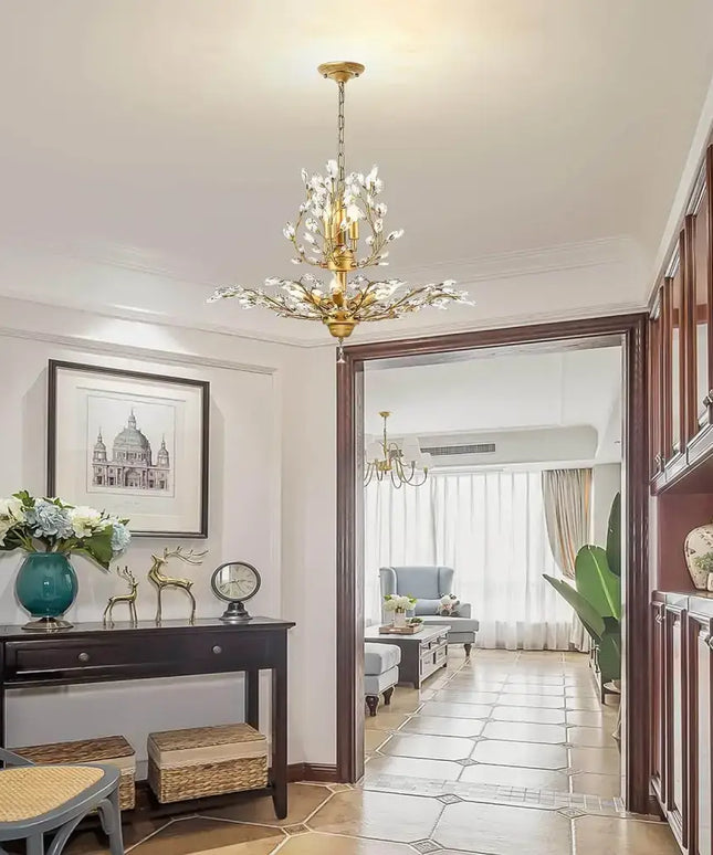 Close-up of K9 glass crystals reflecting chandelier light