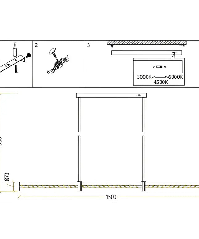 Technical drawing of a light fixture with dimensions and features.