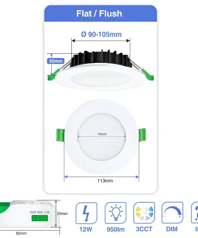 12W Tri-Colour Dimmable LED Downlight | 90mm Cut Out | Matilda - Home & Garden > Lighting > Ceiling Lights