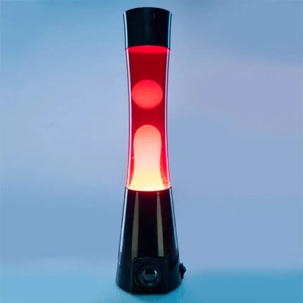 Black Lava Lamp with Bluetooth Audio – Red liquid and yellow lava with immersive sound.
