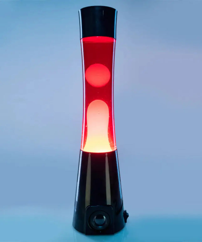 Black Lava Lamp with Bluetooth Audio – Red liquid and yellow lava with immersive sound.
