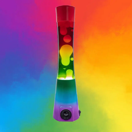 Colorful Lava Lamp with Bluetooth Audio – Rainbow gradient glass body with flowing lava and music connectivity.
