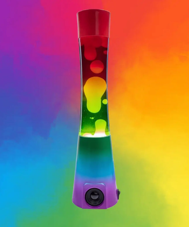 Colorful Lava Lamp with Bluetooth Audio – Rainbow gradient glass body with flowing lava and music connectivity.