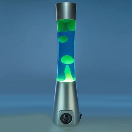 Metallic Silver Lava Lamp with Bluetooth Audio – Blue liquid and yellow lava with immersive sound.