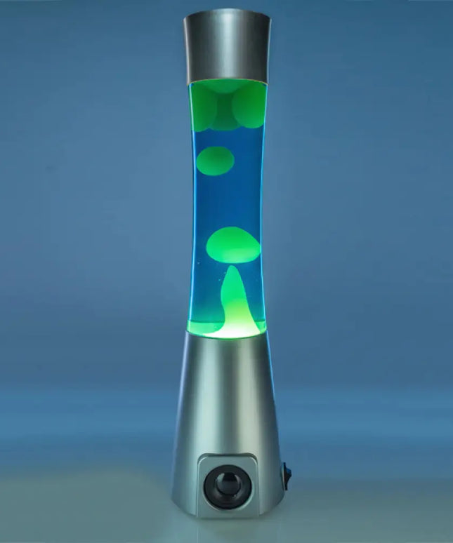 Metallic Silver Lava Lamp with Bluetooth Audio – Blue liquid and yellow lava with immersive sound.