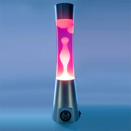 Metallic Silver Lava Lamp with Bluetooth Audio – Pink liquid and white lava with immersive sound.