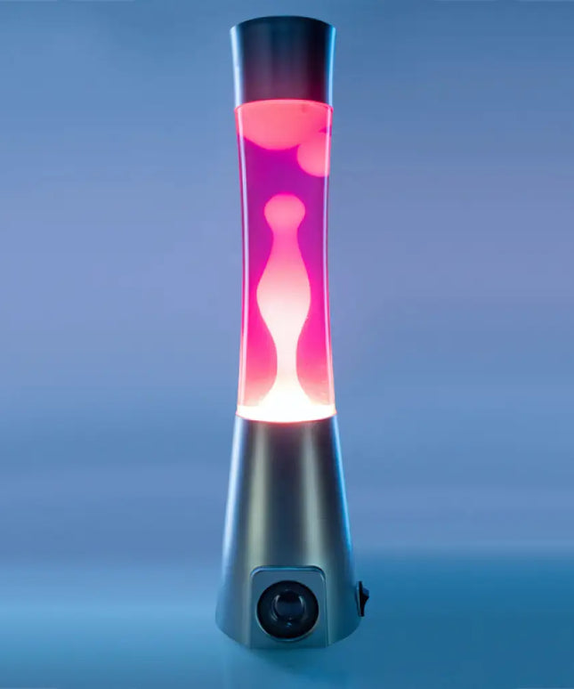 Metallic Silver Lava Lamp with Bluetooth Audio – Pink liquid and white lava with immersive sound.