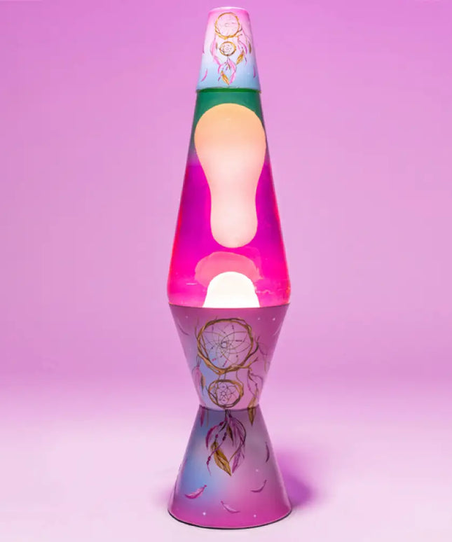 Boho-Themed Lava Lamp in Motion – Swirling lava inside a beautiful dreamcatcher and feather design casing.