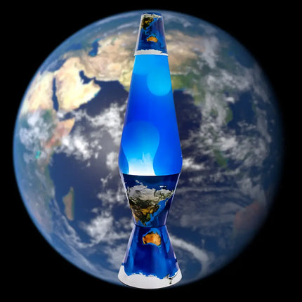Planet-Themed Lava Lamp in Motion – Swirling lava inside a detailed Earth design casing.