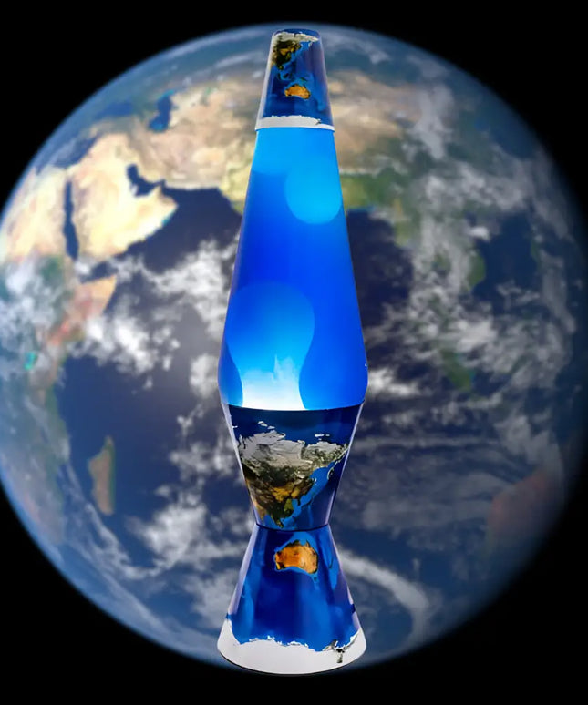 Planet-Themed Lava Lamp in Motion – Swirling lava inside a detailed Earth design casing.