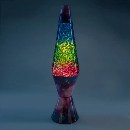 Space-Themed Motion Lamp – Rainbow gradient glass with swirling glitter.