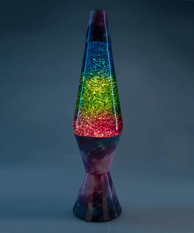 Space-Themed Motion Lamp – Rainbow gradient glass with swirling glitter.