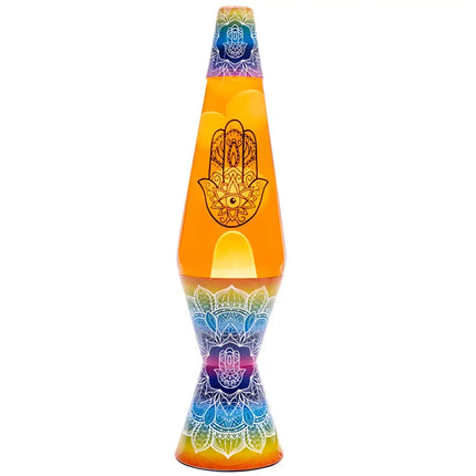 MDI Hamsa Lava Lamp – A spiritual motion lamp with orange liquid and yellow lava.