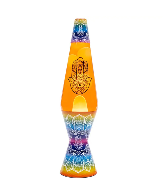 MDI Hamsa Lava Lamp – A spiritual motion lamp with orange liquid and yellow lava.