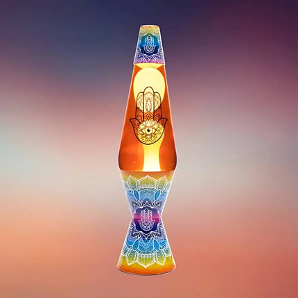 Hamsa-Themed Lava Lamp in Motion – Flowing lava inside a sacred mandala and Hamsa design casing.
