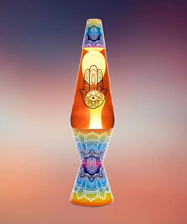 Hamsa-Themed Lava Lamp in Motion – Flowing lava inside a sacred mandala and Hamsa design casing.