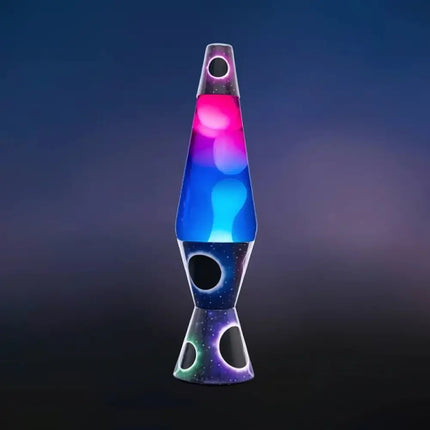 Galaxy-Themed Lava Lamp in Motion – Swirling lava inside a cosmic lost planet design casing.
