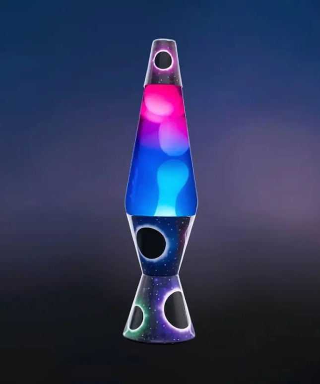 Galaxy-Themed Lava Lamp in Motion – Swirling lava inside a cosmic lost planet design casing.