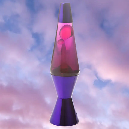 Retro Lava Lamp with Purple & Pink – Swirling pink lava in rich purple liquid with a metallic purple casing.