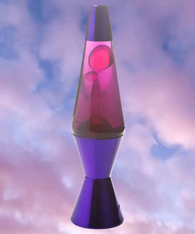 Retro Lava Lamp with Purple & Pink – Swirling pink lava in rich purple liquid with a metallic purple casing.