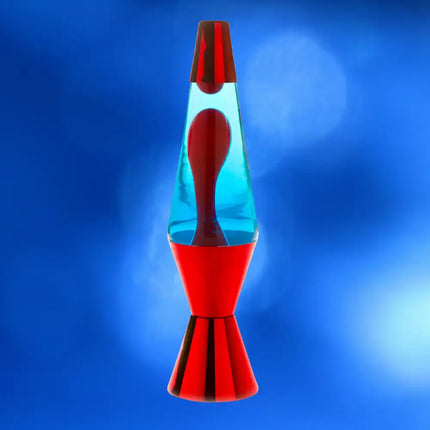 Retro Lava Lamp with Red & Blue – Swirling red lava in deep blue liquid with a metallic red casing.