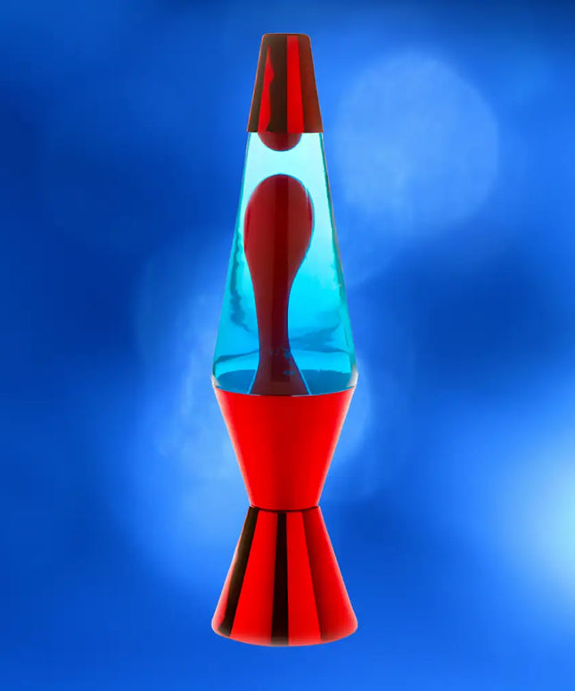 Retro Lava Lamp with Red & Blue – Swirling red lava in deep blue liquid with a metallic red casing.