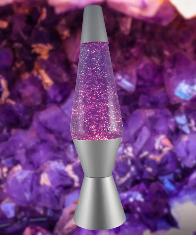Elegant Glitter Lava Lamp – Purple liquid with flowing silver glitter in a sleek silver casing.