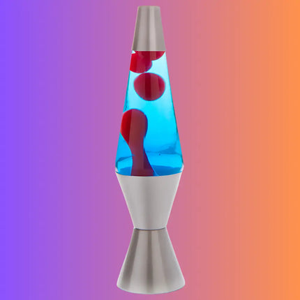 Retro Lava Lamp in Silver, Red & Blue – Swirling red lava in blue liquid with a silver casing.