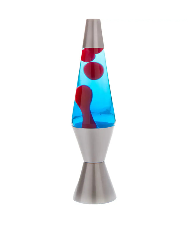 MDI Silver Red Blue Lava Lamp – A sleek motion lamp with red lava in blue liquid.
