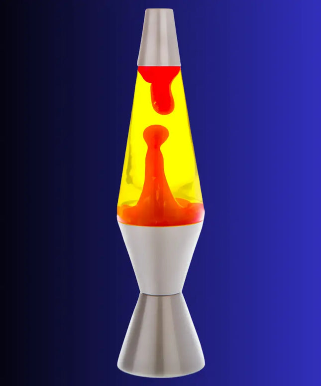 Retro Lava Lamp in Silver, Red & Yellow – Swirling red lava in yellow liquid with a silver casing.