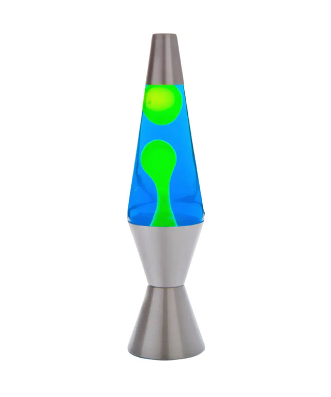 MDI Silver Yellow Blue Lava Lamp – A sleek motion lamp with yellow lava in blue liquid.