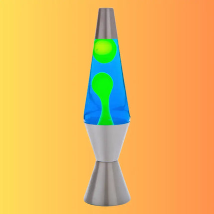 Retro Lava Lamp in Silver, Yellow & Blue – Swirling yellow lava in blue liquid with a silver casing.