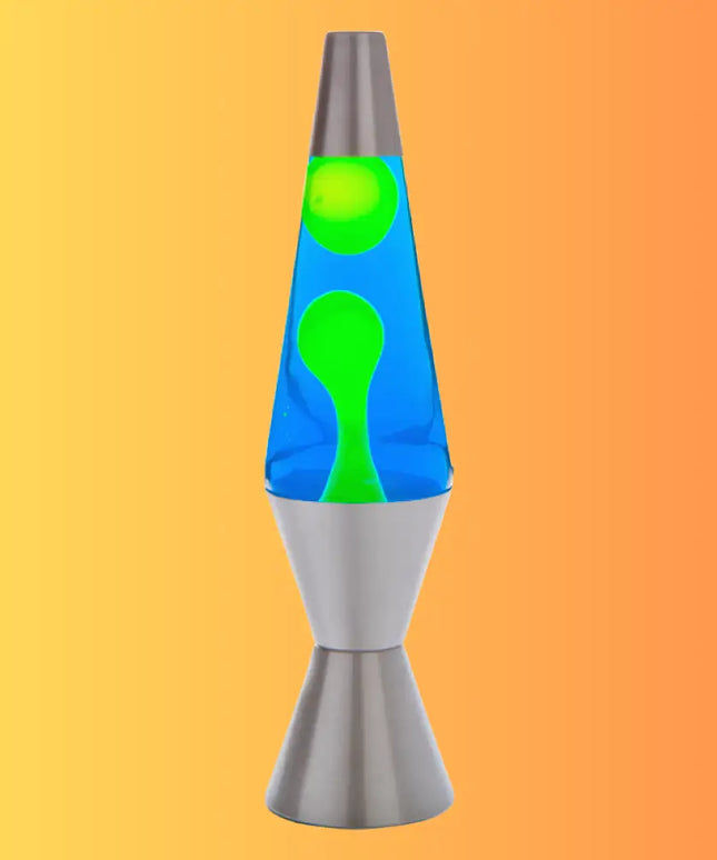 Retro Lava Lamp in Silver, Yellow & Blue – Swirling yellow lava in blue liquid with a silver casing.