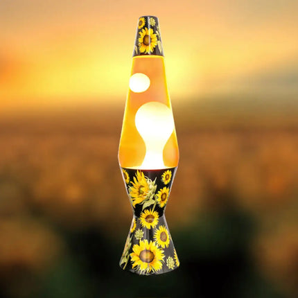 Sunflower-Themed Lava Lamp in Motion – Lava swirls inside a whimsical sunflower design casing.
