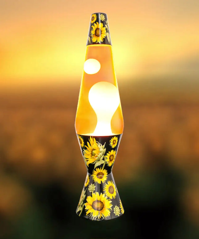 Sunflower-Themed Lava Lamp in Motion – Lava swirls inside a whimsical sunflower design casing.