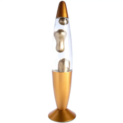 MDI Gold Metallic Lava Lamp – A stylish rocket-shaped lamp with swirling metallic gold lava.