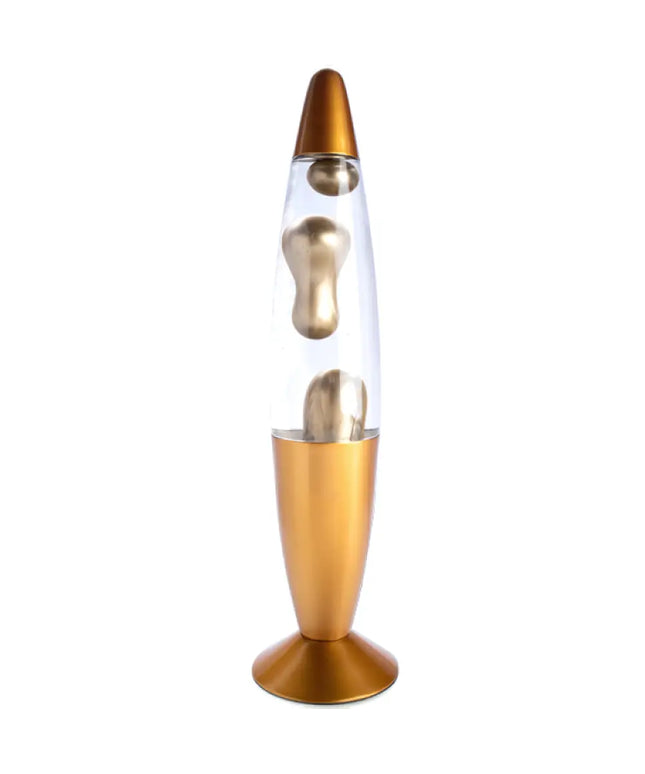 MDI Gold Metallic Lava Lamp – A stylish rocket-shaped lamp with swirling metallic gold lava.