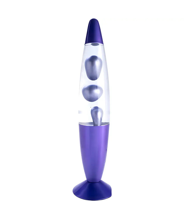 MDI Purple Metallic Lava Lamp – A stylish rocket-shaped lamp with swirling metallic purple lava.